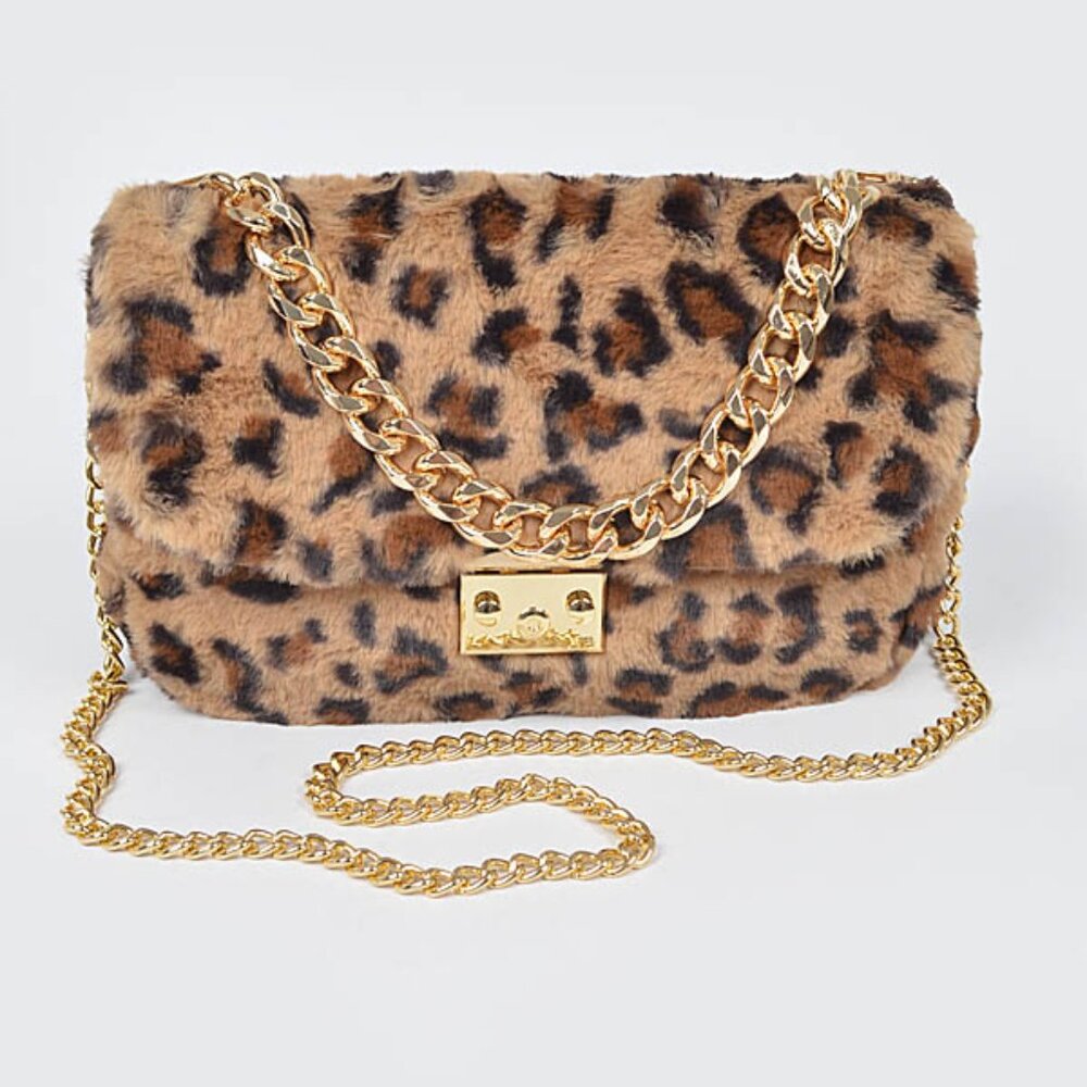 Leopard Plush Crossbody / Hardshell / Animal Print Faux Fur W/ Gold Chains - NWT